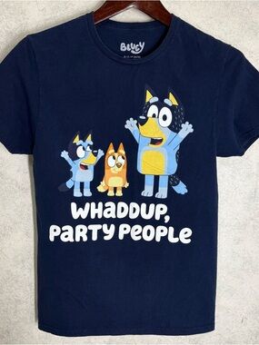 Bluey 'Whaddup, Party People' Navy Short Sleeve Tee Size S/C/P (34-36) NWOT